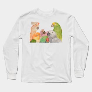 Watercolor of parrots: Cockatoo, caique, great alexander, African gray, baby macaw and amazon Long Sleeve T-Shirt